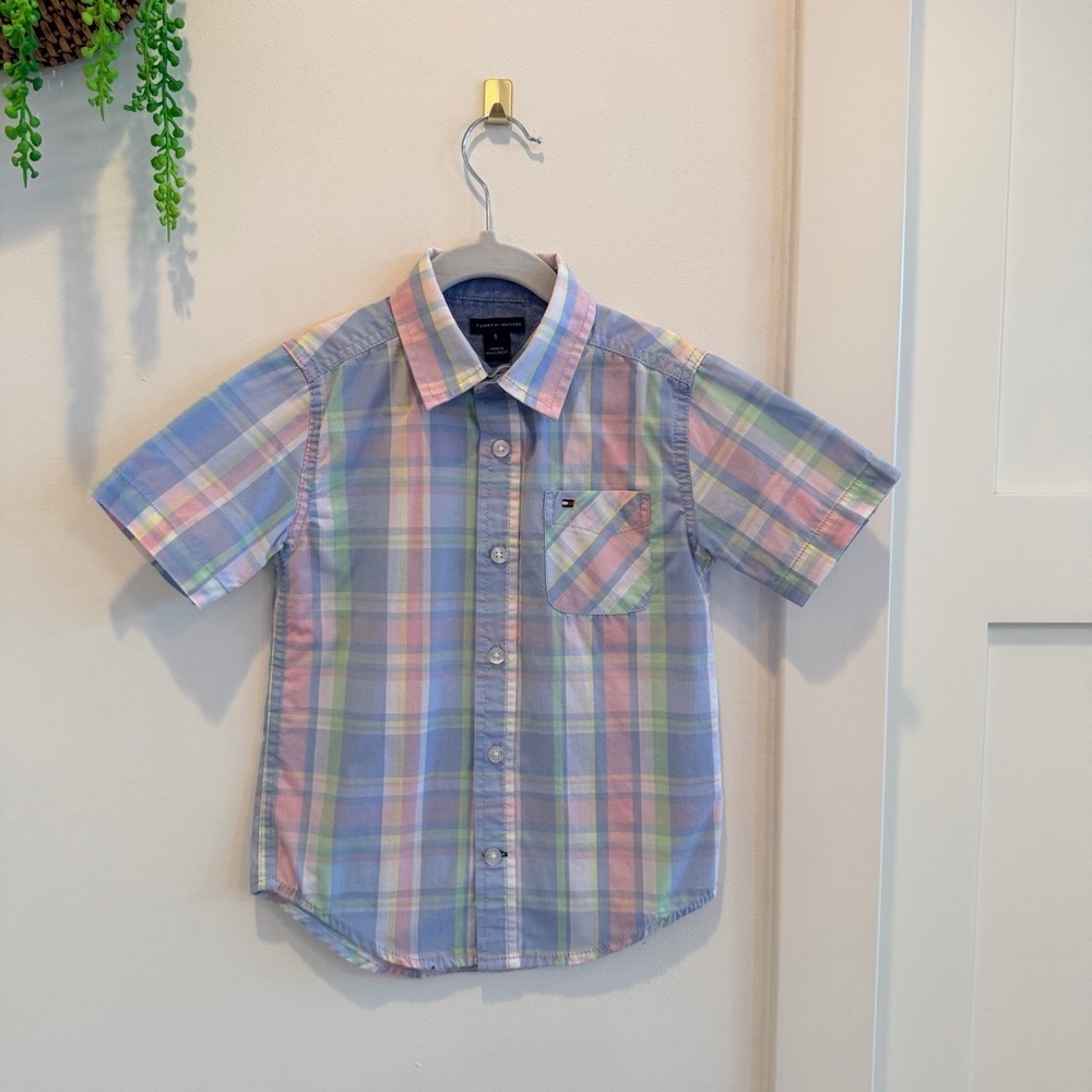 Tommy Hilfiger Kids Pastel Short Sleeve Pink Blue Plaid Button Down Shirt Size 5